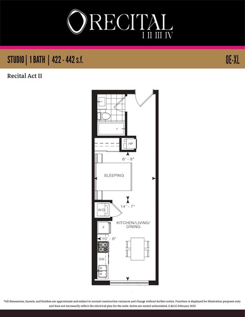 Floor plan for studio, 1 bath, 442 sqft
